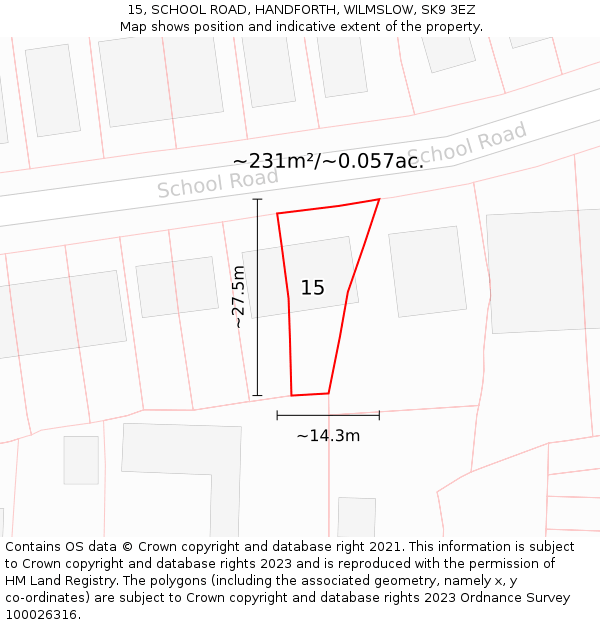 15, SCHOOL ROAD, HANDFORTH, WILMSLOW, SK9 3EZ: Plot and title map