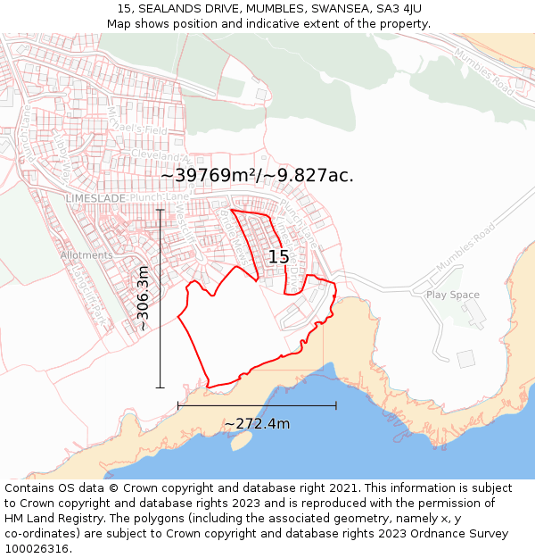15, SEALANDS DRIVE, MUMBLES, SWANSEA, SA3 4JU: Plot and title map