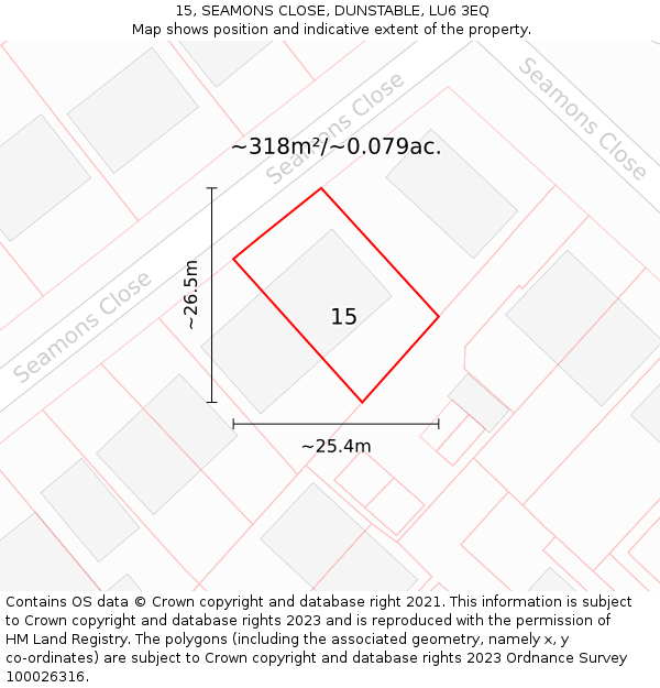 15, SEAMONS CLOSE, DUNSTABLE, LU6 3EQ: Plot and title map