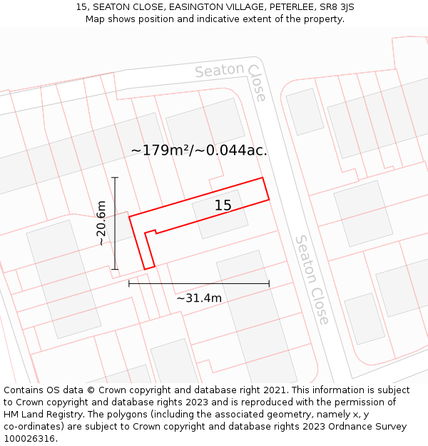 15, SEATON CLOSE, EASINGTON VILLAGE, PETERLEE, SR8 3JS: Plot and title map