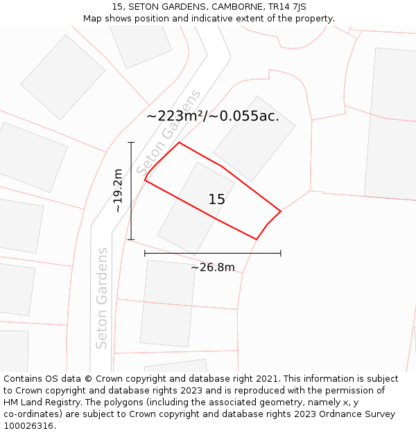 15, SETON GARDENS, CAMBORNE, TR14 7JS: Plot and title map