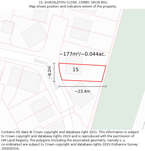 15, SHACKLETON CLOSE, CORBY, NN18 8SU: Plot and title map
