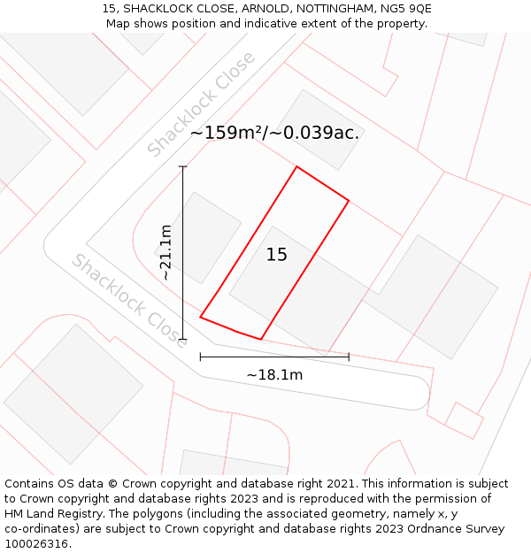 15, SHACKLOCK CLOSE, ARNOLD, NOTTINGHAM, NG5 9QE: Plot and title map