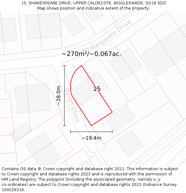 15, SHAKESPEARE DRIVE, UPPER CALDECOTE, BIGGLESWADE, SG18 9DD: Plot and title map