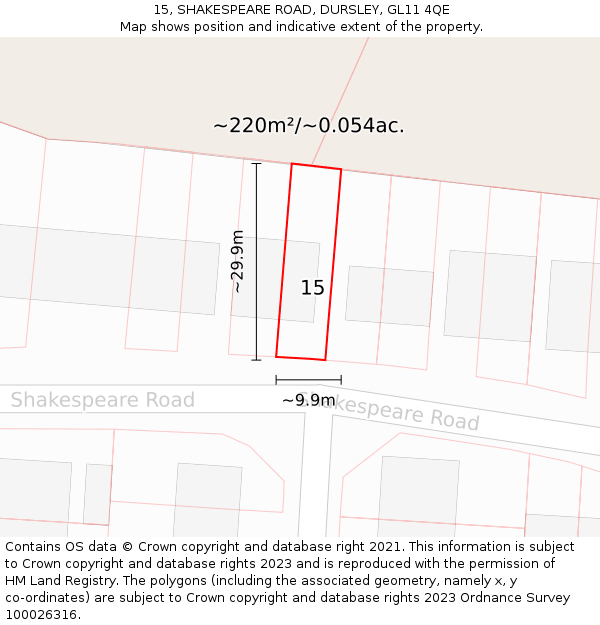15, SHAKESPEARE ROAD, DURSLEY, GL11 4QE: Plot and title map