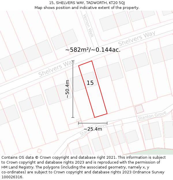 15, SHELVERS WAY, TADWORTH, KT20 5QJ: Plot and title map