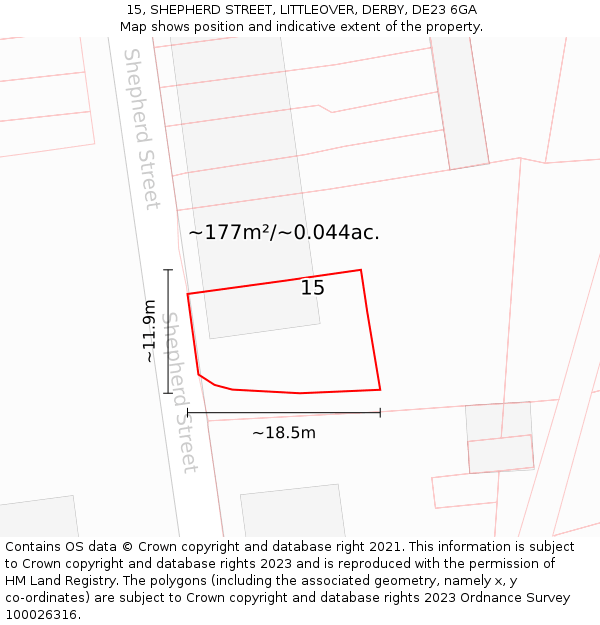 15, SHEPHERD STREET, LITTLEOVER, DERBY, DE23 6GA: Plot and title map