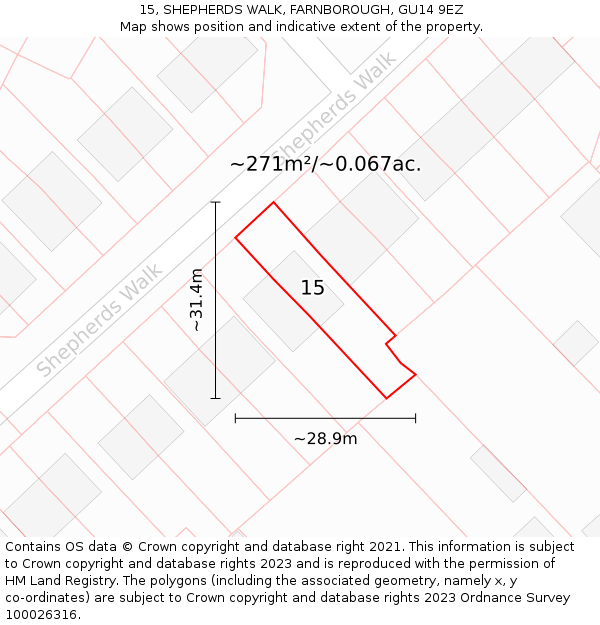 15, SHEPHERDS WALK, FARNBOROUGH, GU14 9EZ: Plot and title map