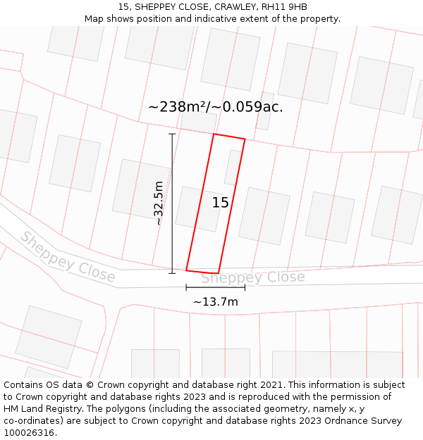 15, SHEPPEY CLOSE, CRAWLEY, RH11 9HB: Plot and title map