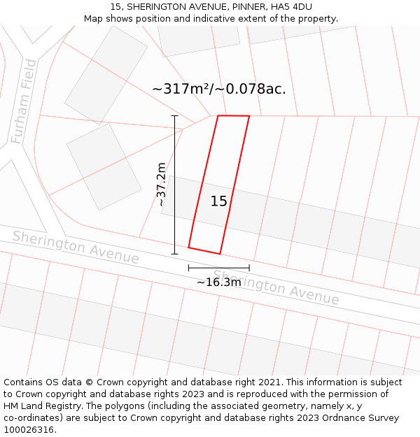 15, SHERINGTON AVENUE, PINNER, HA5 4DU: Plot and title map
