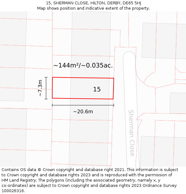 15, SHERMAN CLOSE, HILTON, DERBY, DE65 5HJ: Plot and title map