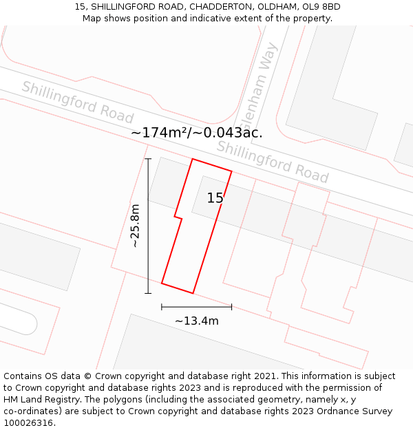 15, SHILLINGFORD ROAD, CHADDERTON, OLDHAM, OL9 8BD: Plot and title map