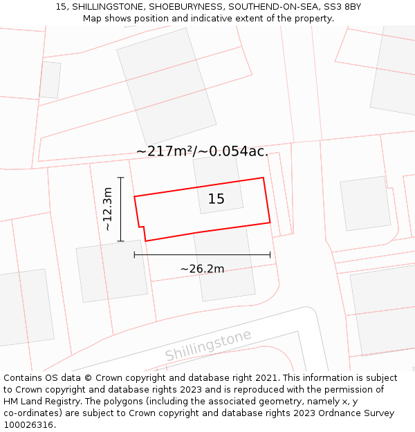 15, SHILLINGSTONE, SHOEBURYNESS, SOUTHEND-ON-SEA, SS3 8BY: Plot and title map