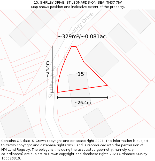 15, SHIRLEY DRIVE, ST LEONARDS-ON-SEA, TN37 7JW: Plot and title map