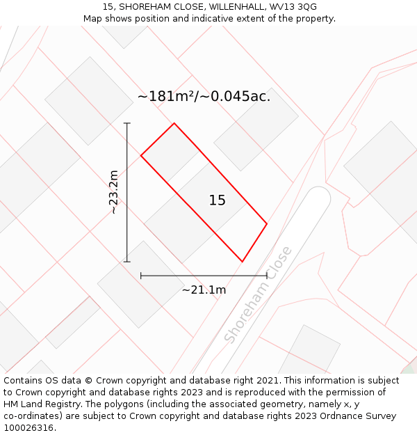 15, SHOREHAM CLOSE, WILLENHALL, WV13 3QG: Plot and title map