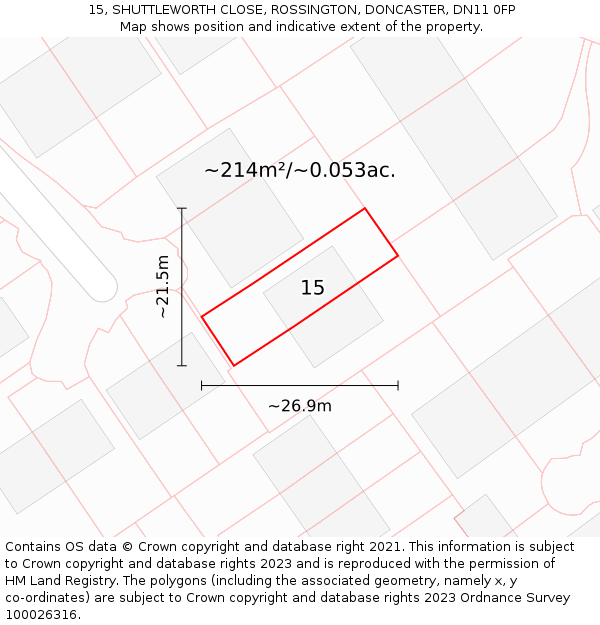 15, SHUTTLEWORTH CLOSE, ROSSINGTON, DONCASTER, DN11 0FP: Plot and title map