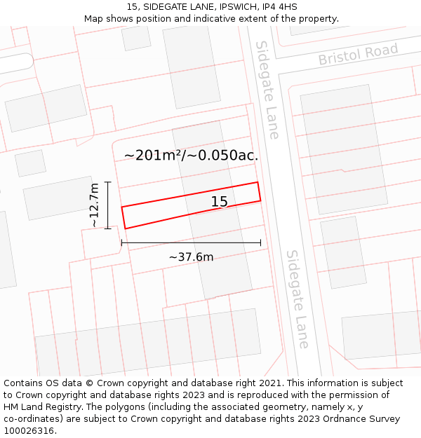 15, SIDEGATE LANE, IPSWICH, IP4 4HS: Plot and title map