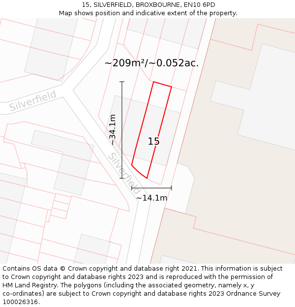 15, SILVERFIELD, BROXBOURNE, EN10 6PD: Plot and title map
