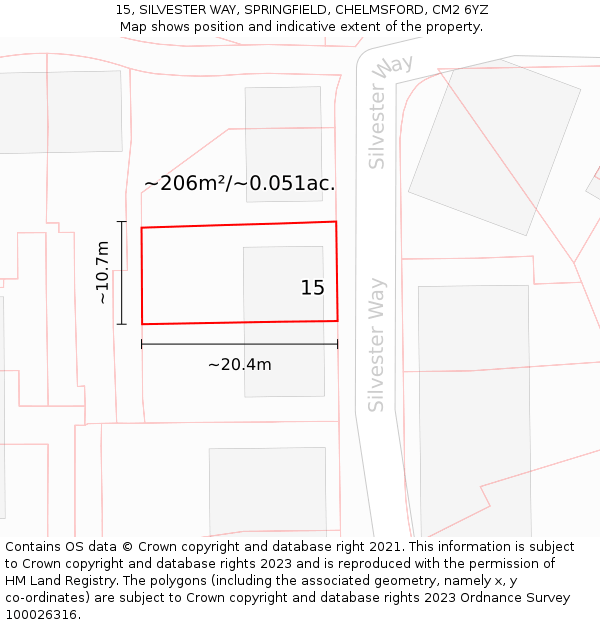 15, SILVESTER WAY, SPRINGFIELD, CHELMSFORD, CM2 6YZ: Plot and title map