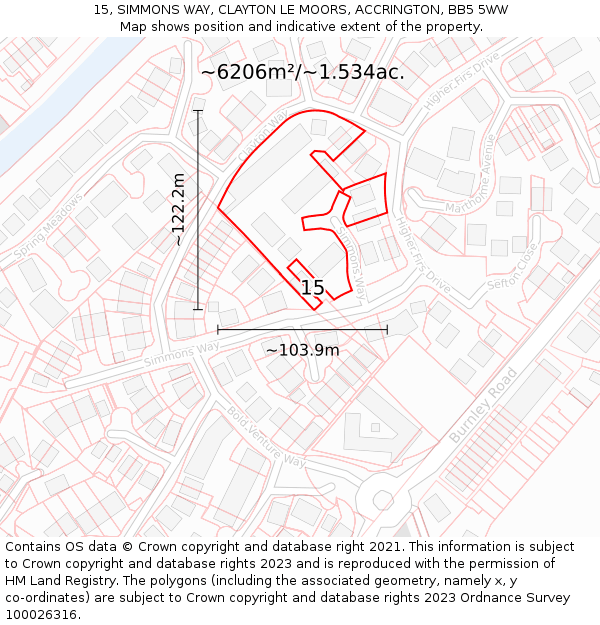 15, SIMMONS WAY, CLAYTON LE MOORS, ACCRINGTON, BB5 5WW: Plot and title map
