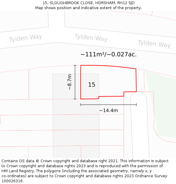 15, SLOUGHBROOK CLOSE, HORSHAM, RH12 5JD: Plot and title map