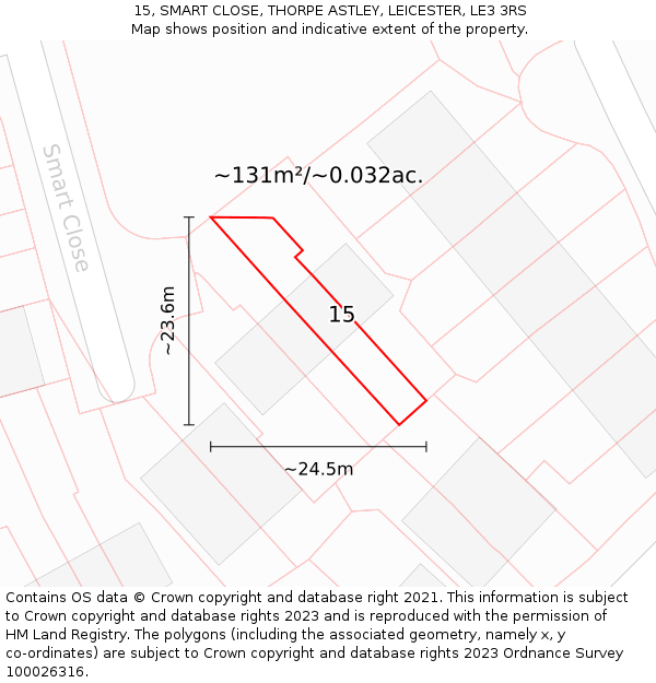 15, SMART CLOSE, THORPE ASTLEY, LEICESTER, LE3 3RS: Plot and title map