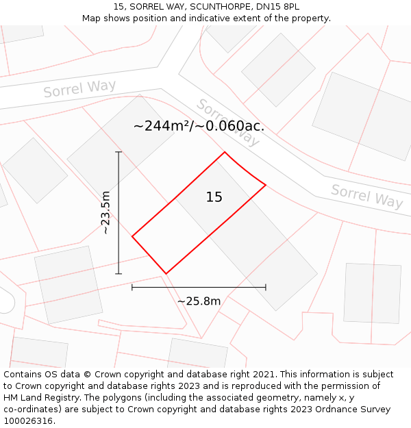 15, SORREL WAY, SCUNTHORPE, DN15 8PL: Plot and title map