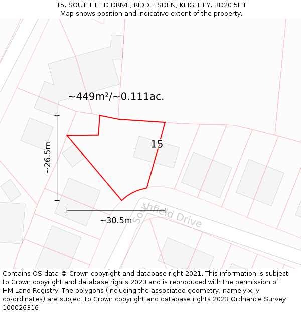 15, SOUTHFIELD DRIVE, RIDDLESDEN, KEIGHLEY, BD20 5HT: Plot and title map