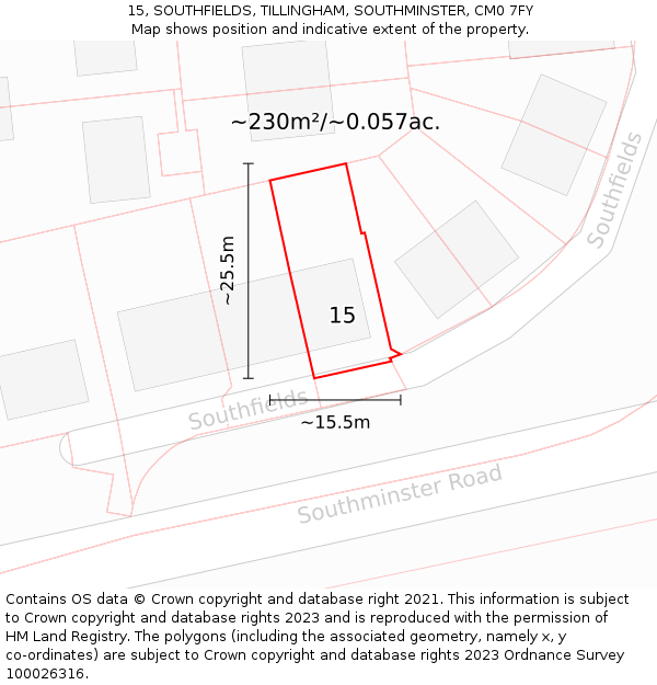 15, SOUTHFIELDS, TILLINGHAM, SOUTHMINSTER, CM0 7FY: Plot and title map