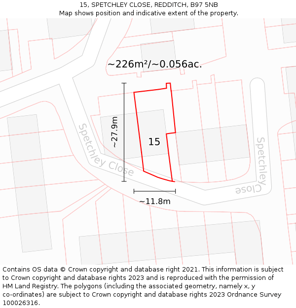 15, SPETCHLEY CLOSE, REDDITCH, B97 5NB: Plot and title map