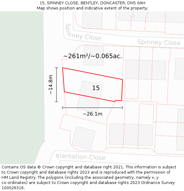 15, SPINNEY CLOSE, BENTLEY, DONCASTER, DN5 0AH: Plot and title map