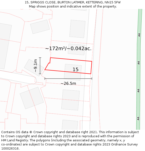 15, SPRIGGS CLOSE, BURTON LATIMER, KETTERING, NN15 5FW: Plot and title map