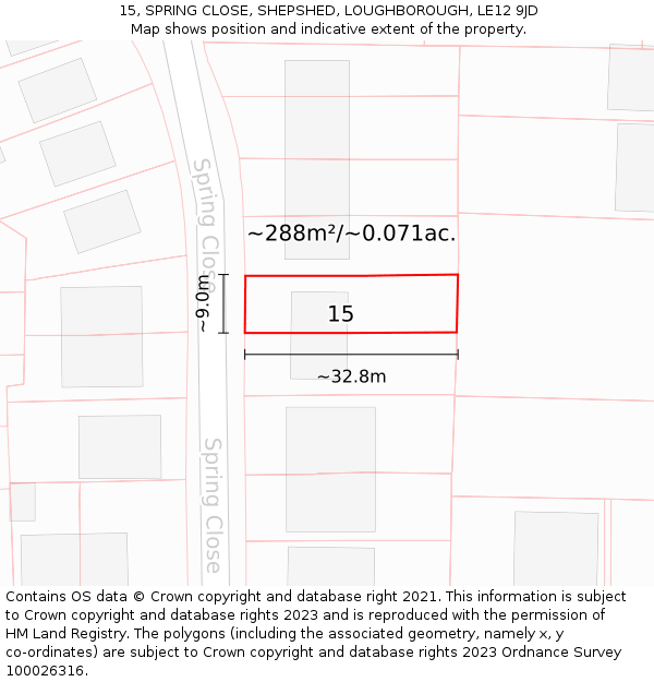 15, SPRING CLOSE, SHEPSHED, LOUGHBOROUGH, LE12 9JD: Plot and title map