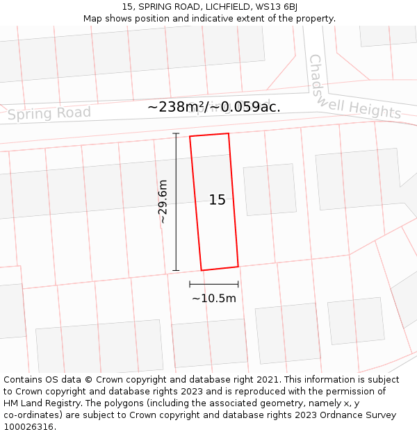 15, SPRING ROAD, LICHFIELD, WS13 6BJ: Plot and title map