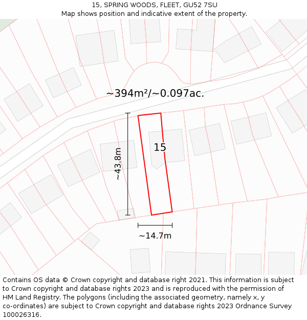 15, SPRING WOODS, FLEET, GU52 7SU: Plot and title map