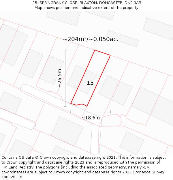 15, SPRINGBANK CLOSE, BLAXTON, DONCASTER, DN9 3AB: Plot and title map