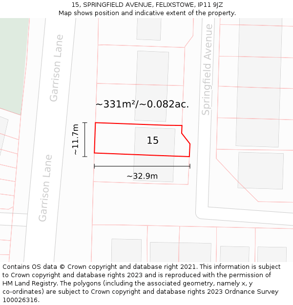 15, SPRINGFIELD AVENUE, FELIXSTOWE, IP11 9JZ: Plot and title map