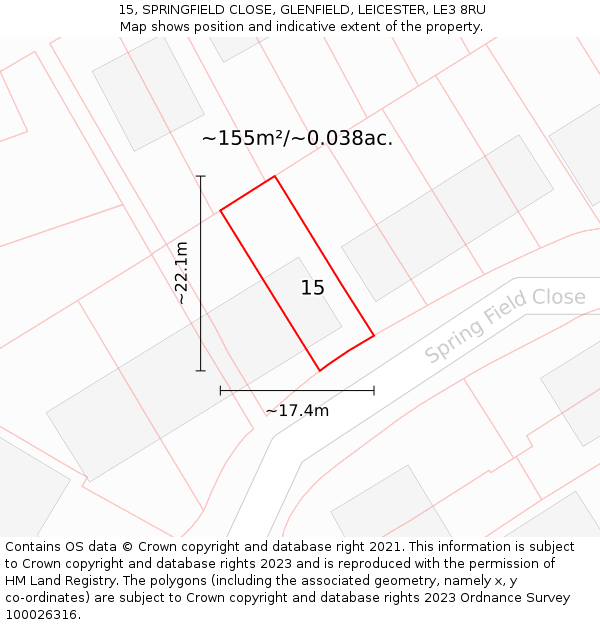 15, SPRINGFIELD CLOSE, GLENFIELD, LEICESTER, LE3 8RU: Plot and title map
