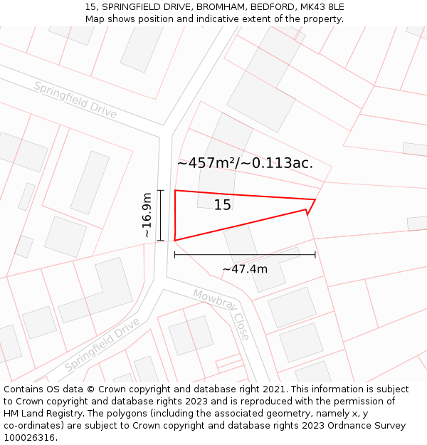 15, SPRINGFIELD DRIVE, BROMHAM, BEDFORD, MK43 8LE: Plot and title map