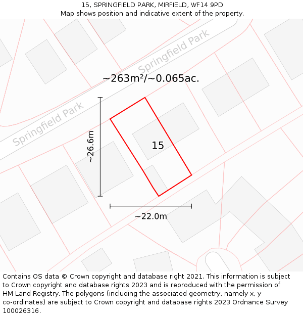 15, SPRINGFIELD PARK, MIRFIELD, WF14 9PD: Plot and title map