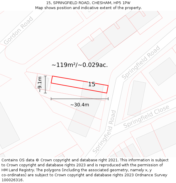 15, SPRINGFIELD ROAD, CHESHAM, HP5 1PW: Plot and title map