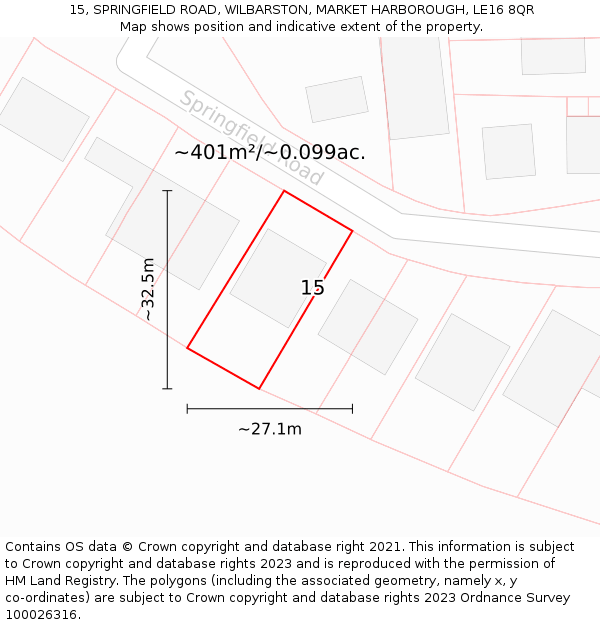 15, SPRINGFIELD ROAD, WILBARSTON, MARKET HARBOROUGH, LE16 8QR: Plot and title map