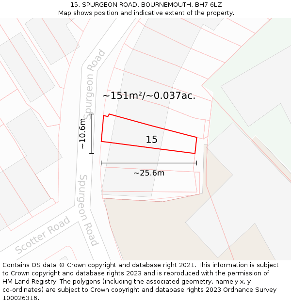 15, SPURGEON ROAD, BOURNEMOUTH, BH7 6LZ: Plot and title map