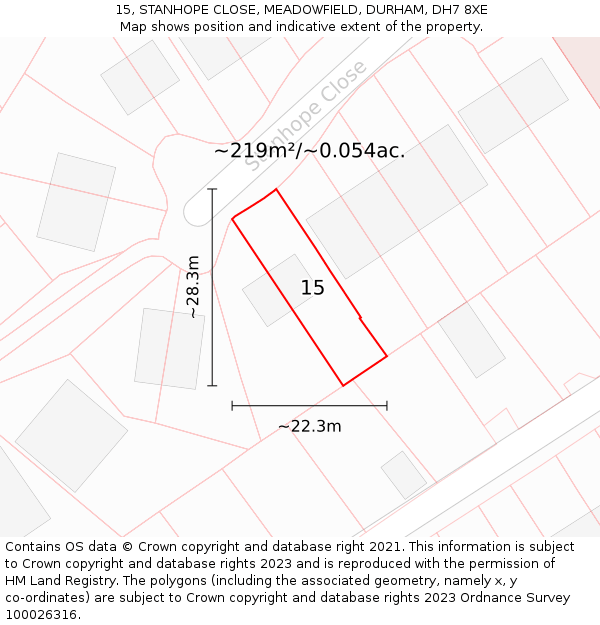 15, STANHOPE CLOSE, MEADOWFIELD, DURHAM, DH7 8XE: Plot and title map