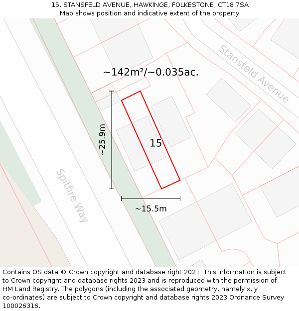 15, STANSFELD AVENUE, HAWKINGE, FOLKESTONE, CT18 7SA: Plot and title map