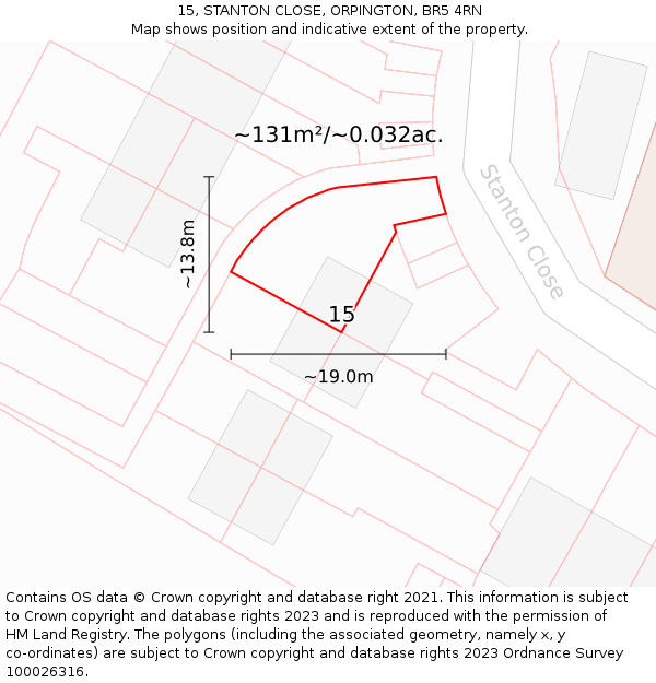 15, STANTON CLOSE, ORPINGTON, BR5 4RN: Plot and title map