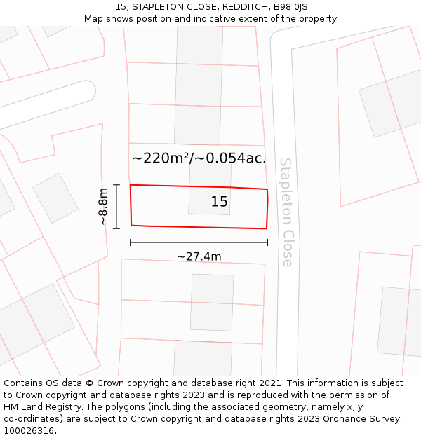 15, STAPLETON CLOSE, REDDITCH, B98 0JS: Plot and title map