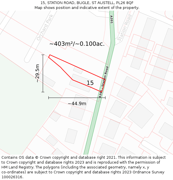 15, STATION ROAD, BUGLE, ST AUSTELL, PL26 8QF: Plot and title map