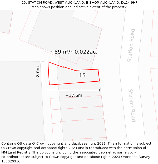 15, STATION ROAD, WEST AUCKLAND, BISHOP AUCKLAND, DL14 9HF: Plot and title map