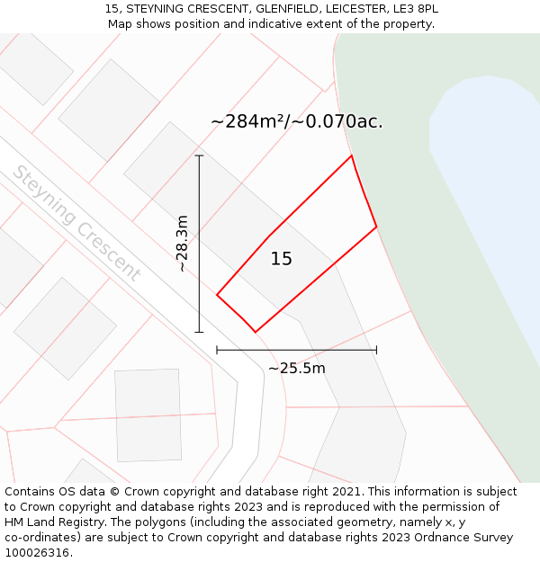 15, STEYNING CRESCENT, GLENFIELD, LEICESTER, LE3 8PL: Plot and title map
